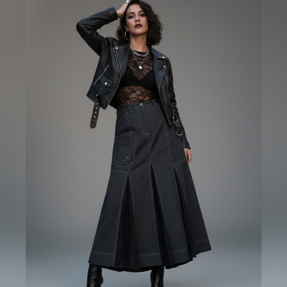 Y2K Vintage Blue Cargo Maxi Skirt M | Contrast Stitch Pleated Godet Utilitarian - Picture 12 of 13